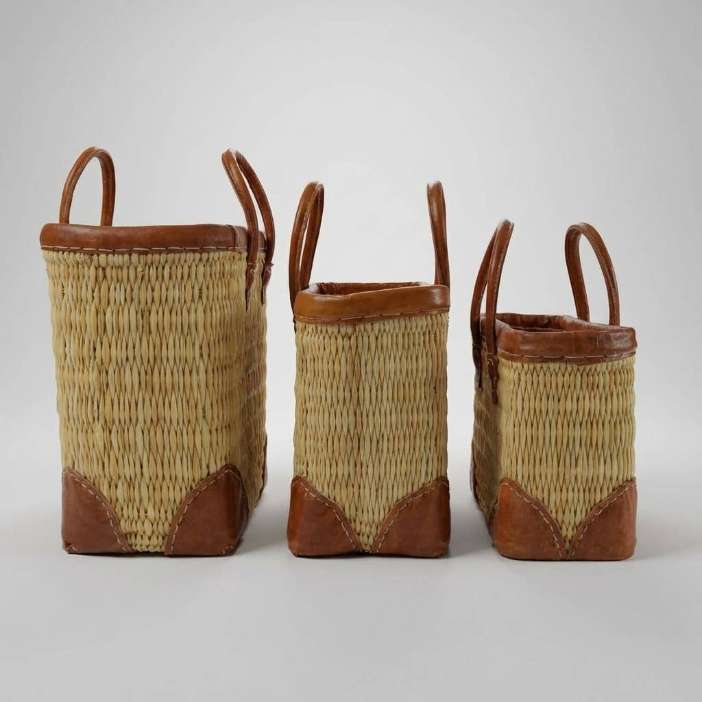 Luxury Woven Reed Market Basket Leather Trim Tote Bag: Short Handles / Set of 3