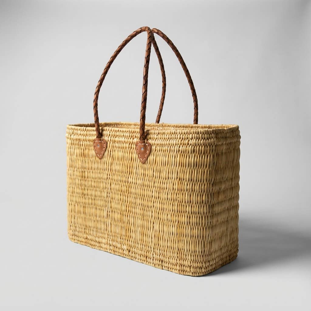 Reed Storage Baskets - Leather Handles Beach Basket: Short Handles / Set of 3