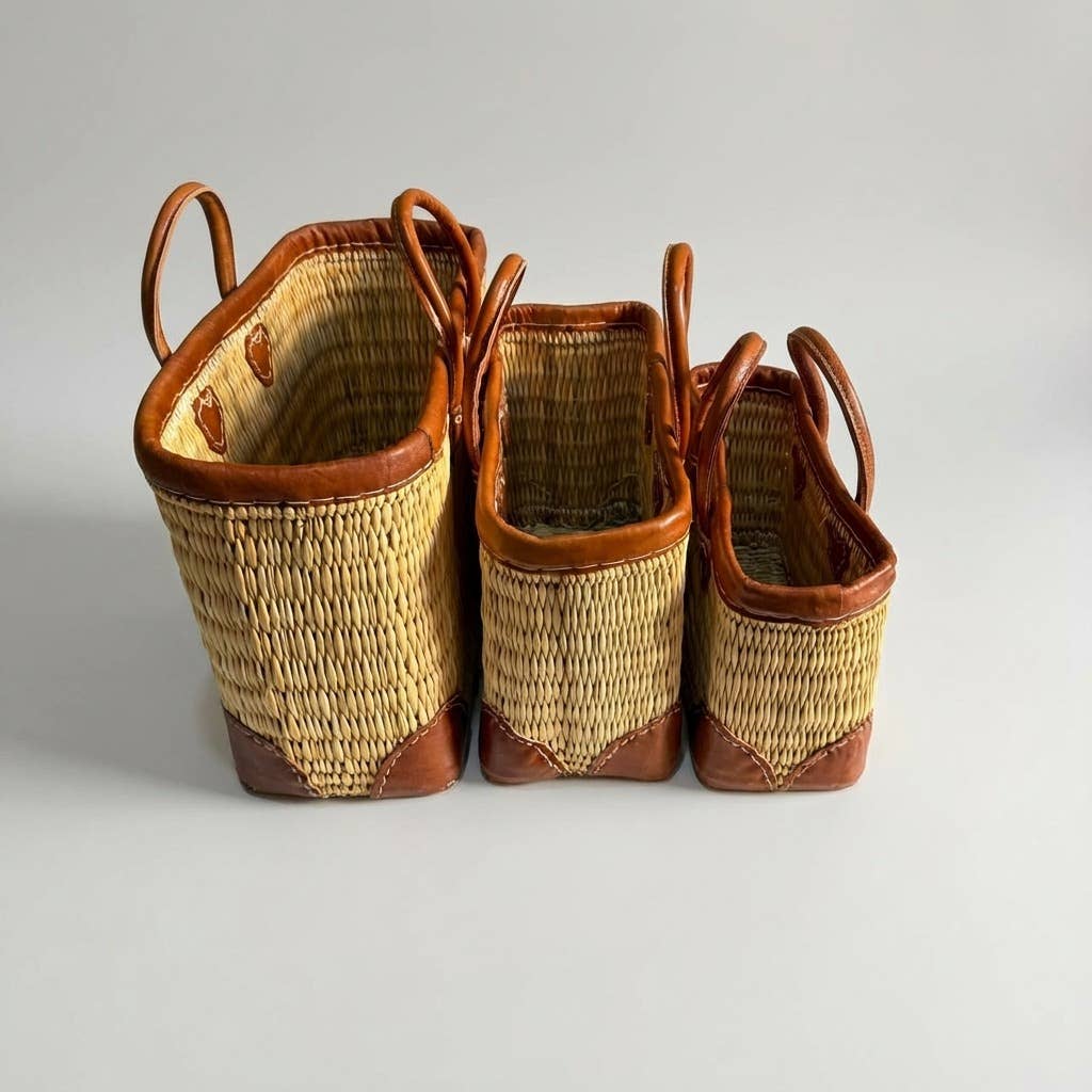 Luxury Woven Reed Market Basket Leather Trim Tote Bag: Short Handles / Set of 3
