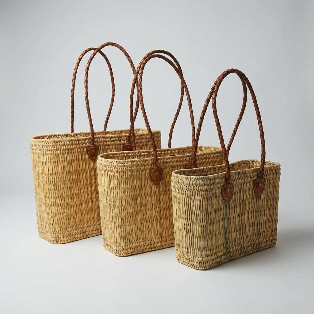 Reed Storage Baskets - Leather Handles Beach Basket: Short Handles / Set of 3