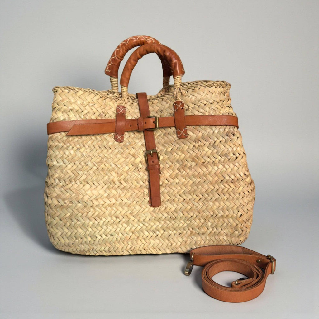 Woven Straw Market Basket Bag Leather Crossbody Tote: Medium