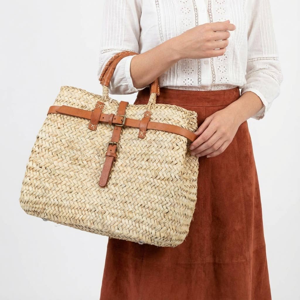 Woven Straw Market Basket Bag Leather Crossbody Tote: Medium