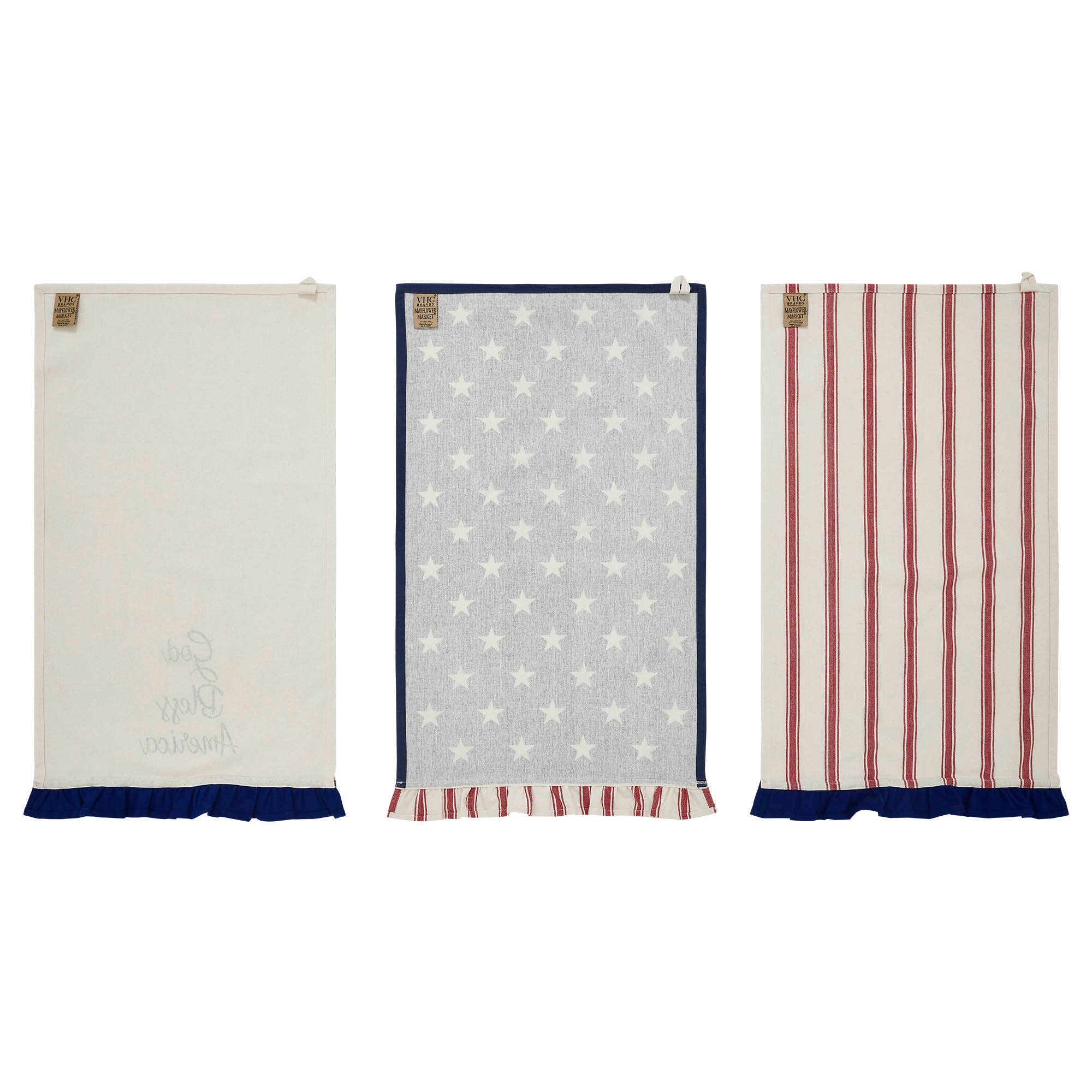 Hatteras Stars Ruffled Tea Towels Set of 3 16x28 Patriotic