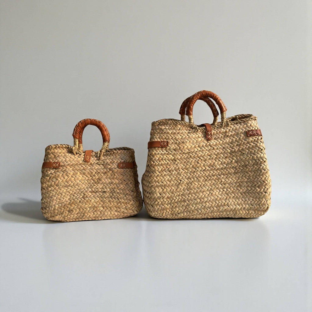 Woven Straw Market Basket Bag Leather Crossbody Tote: Medium