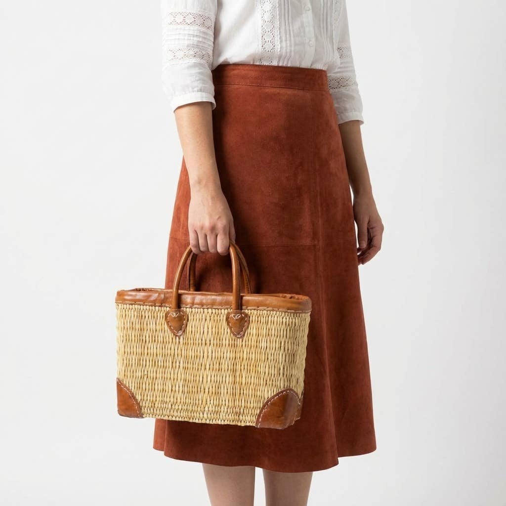 Luxury Woven Reed Market Basket Leather Trim Tote Bag: Short Handles / Set of 3