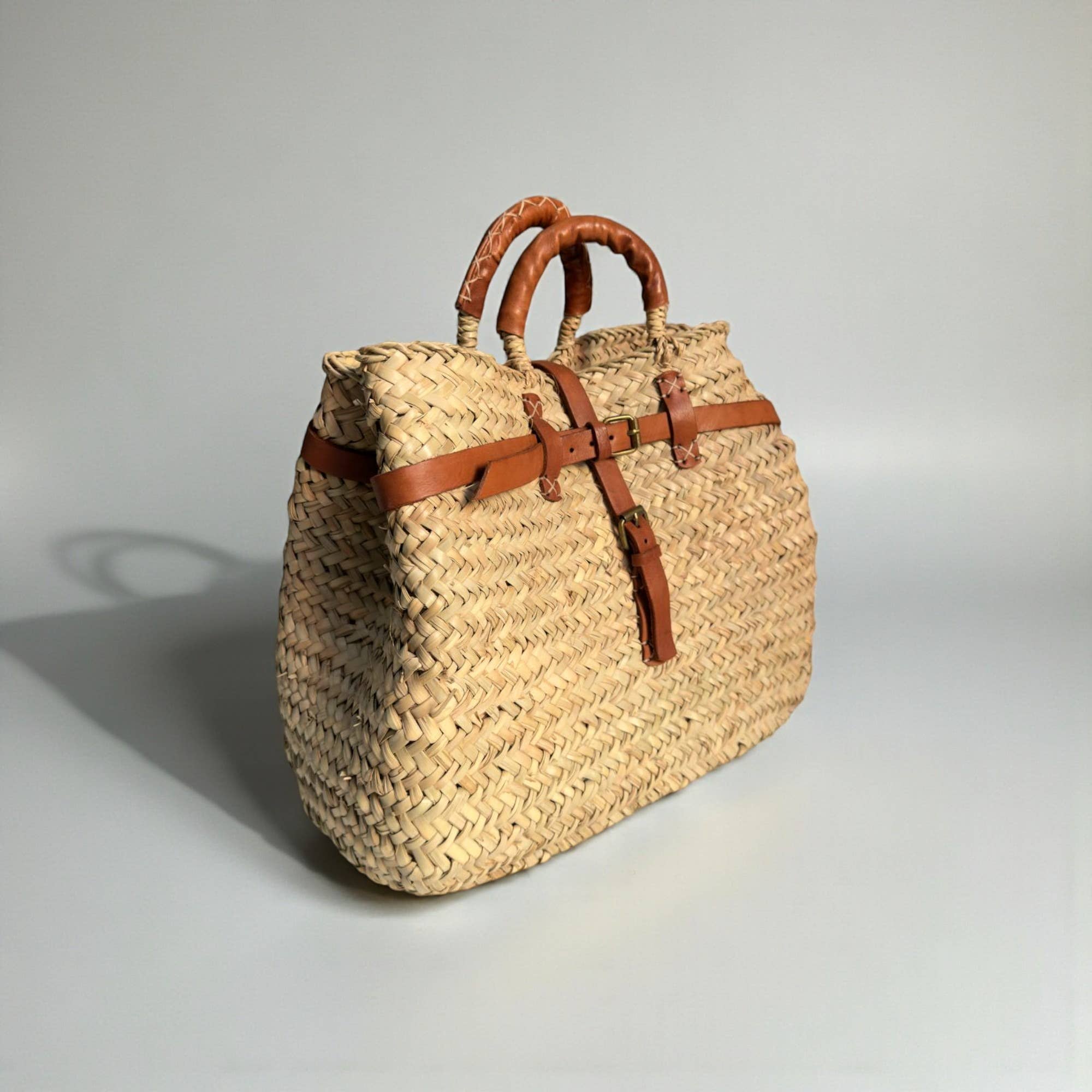 Woven Straw Market Basket Bag Leather Crossbody Tote: Medium