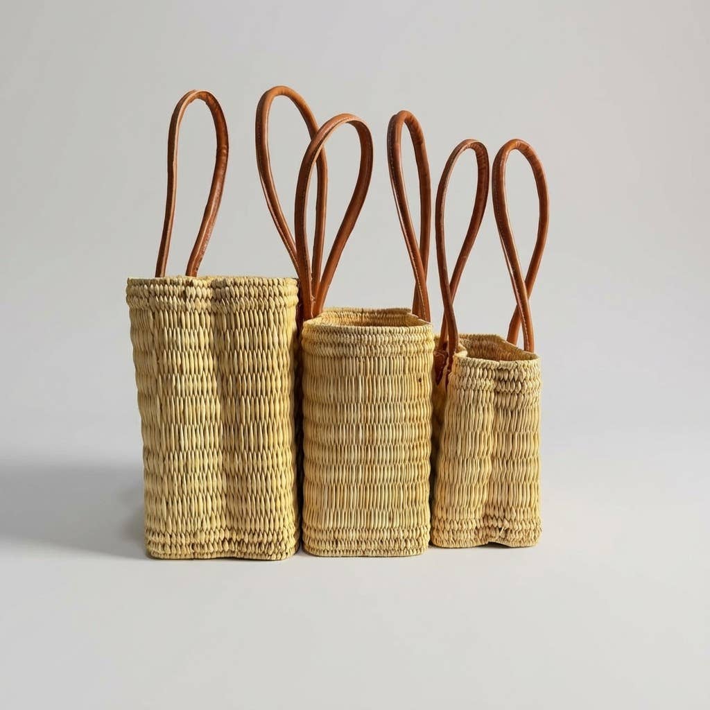 Reed Market Basket Leather Handles - Natural Woven Tote Bag: Short Handles / Set of 3