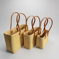 Reed Market Basket Leather Handles - Natural Woven Tote Bag: Long Handles / Set of 3