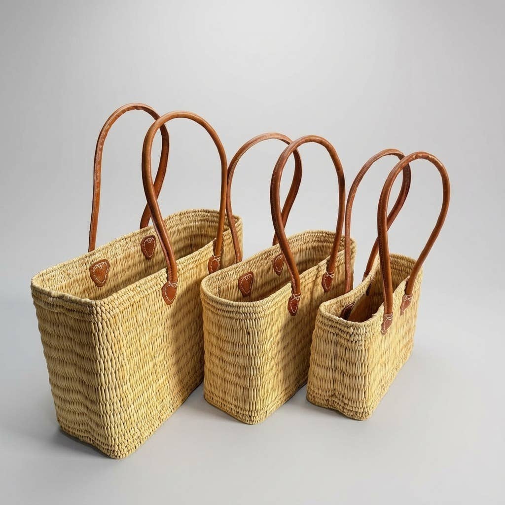 Reed Market Basket Leather Handles - Natural Woven Tote Bag: Short Handles / Set of 3