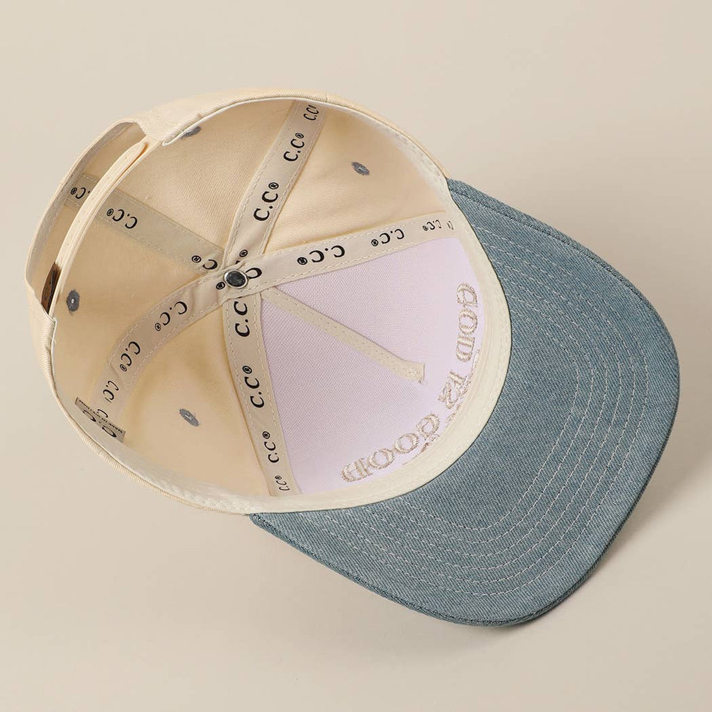 God Is Good All The Time Embroidery Trucker Hat: DENIM / ONE SIZE