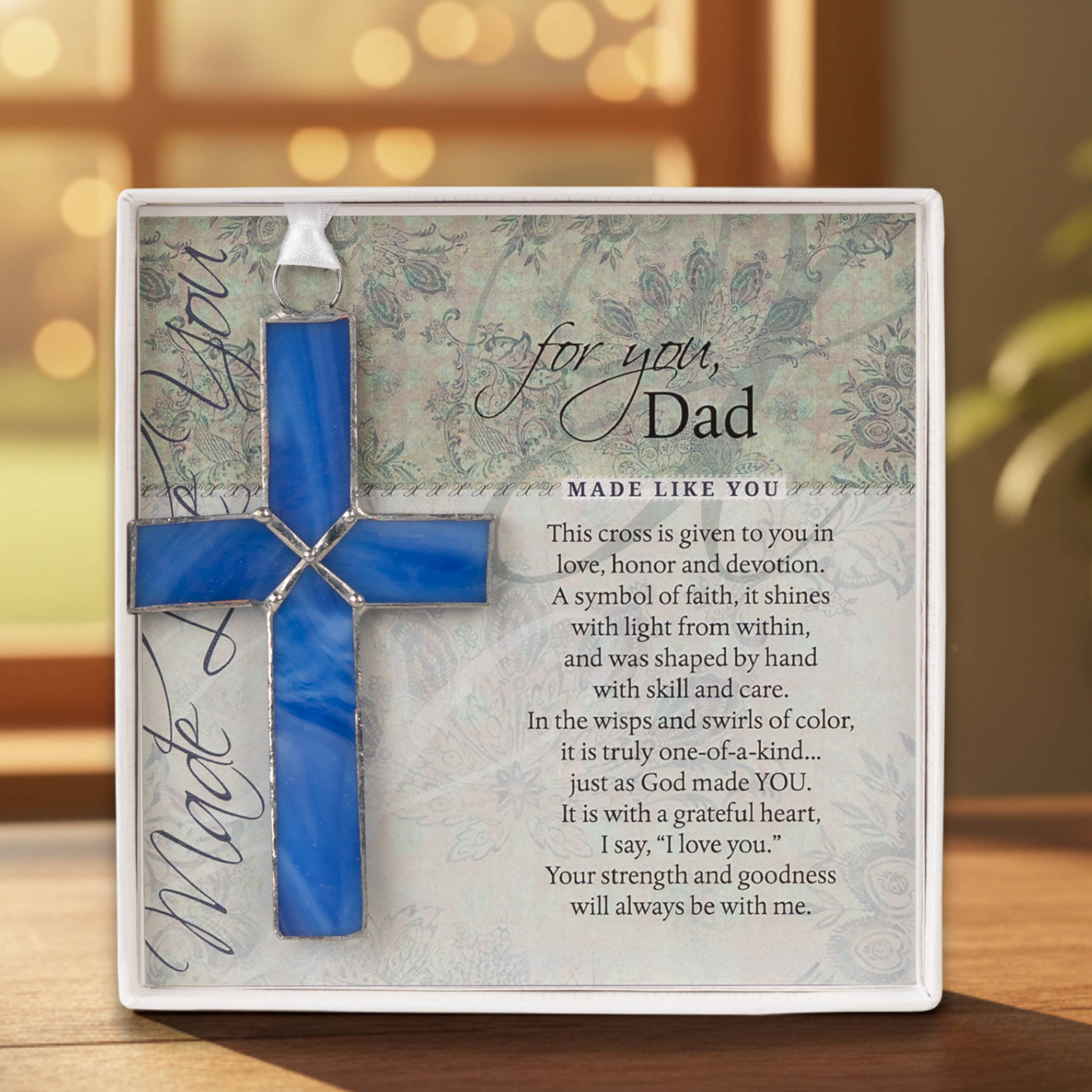 Dad Christian Gift: Blue Stained Glass Cross 4414SG