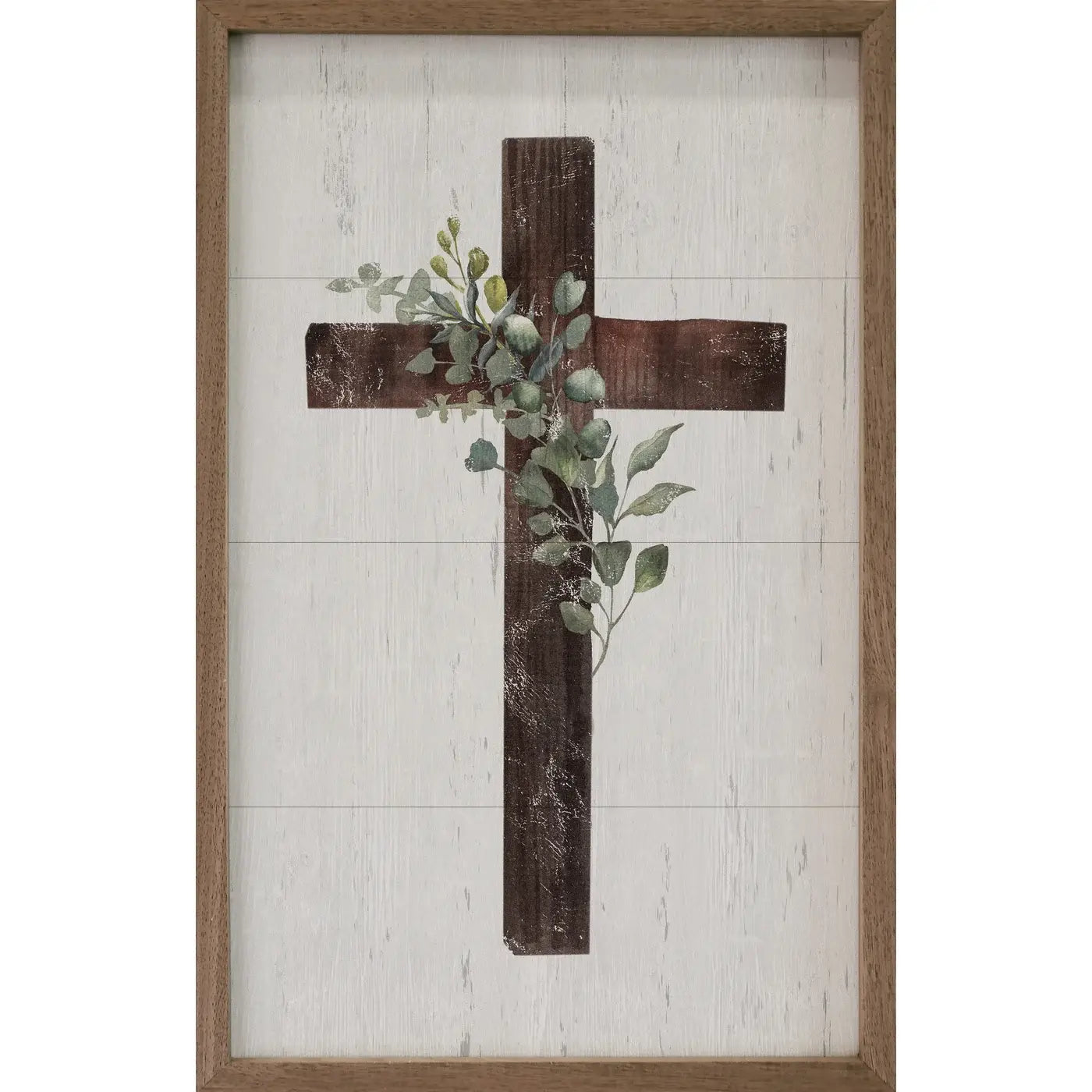 Cross With Greenery Whitewash: 5 x 8 x 1.5