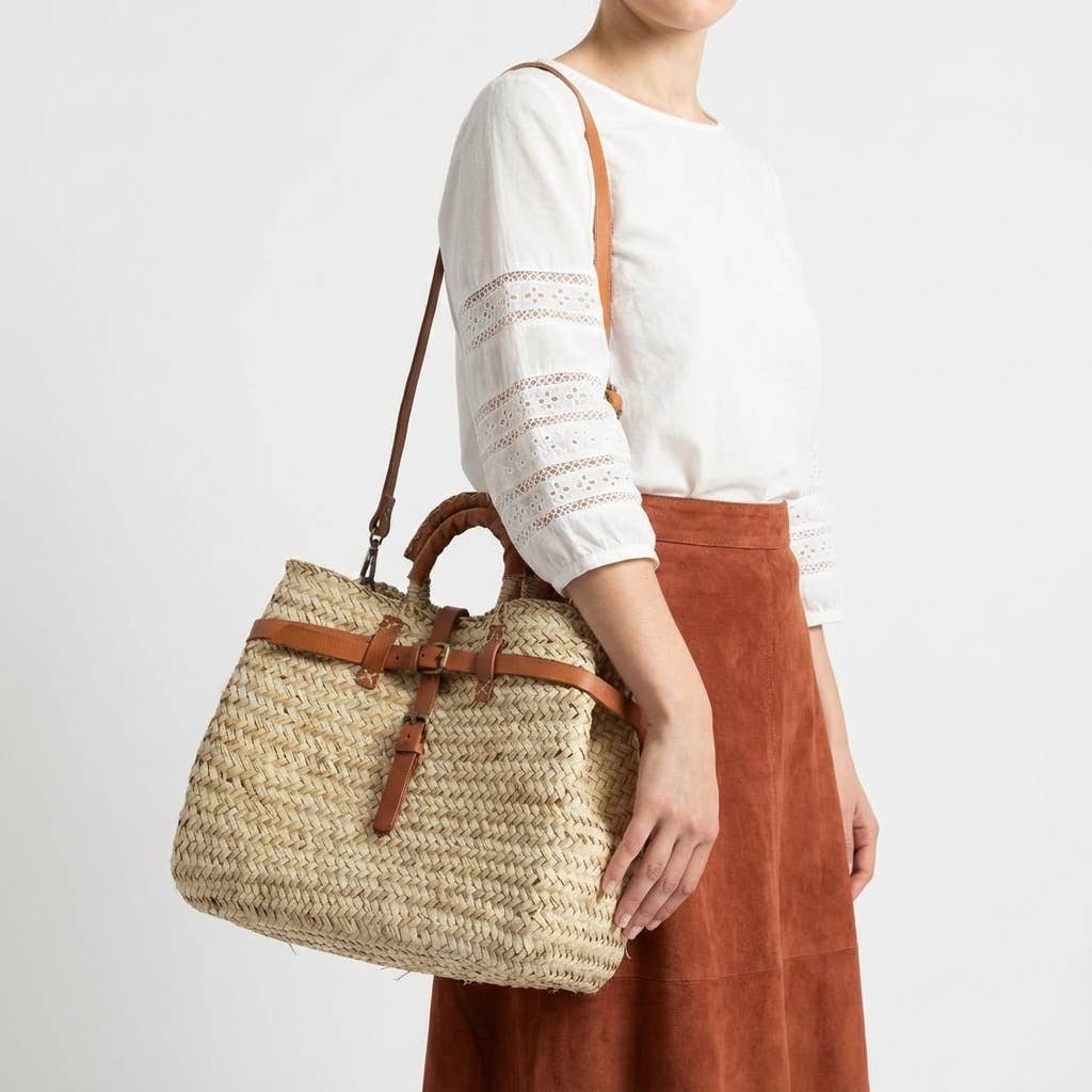 Woven Straw Market Basket Bag Leather Crossbody Tote: Medium
