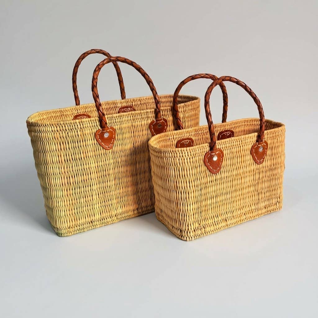 Reed Storage Baskets - Leather Handles Beach Basket: Short Handles / Set of 3