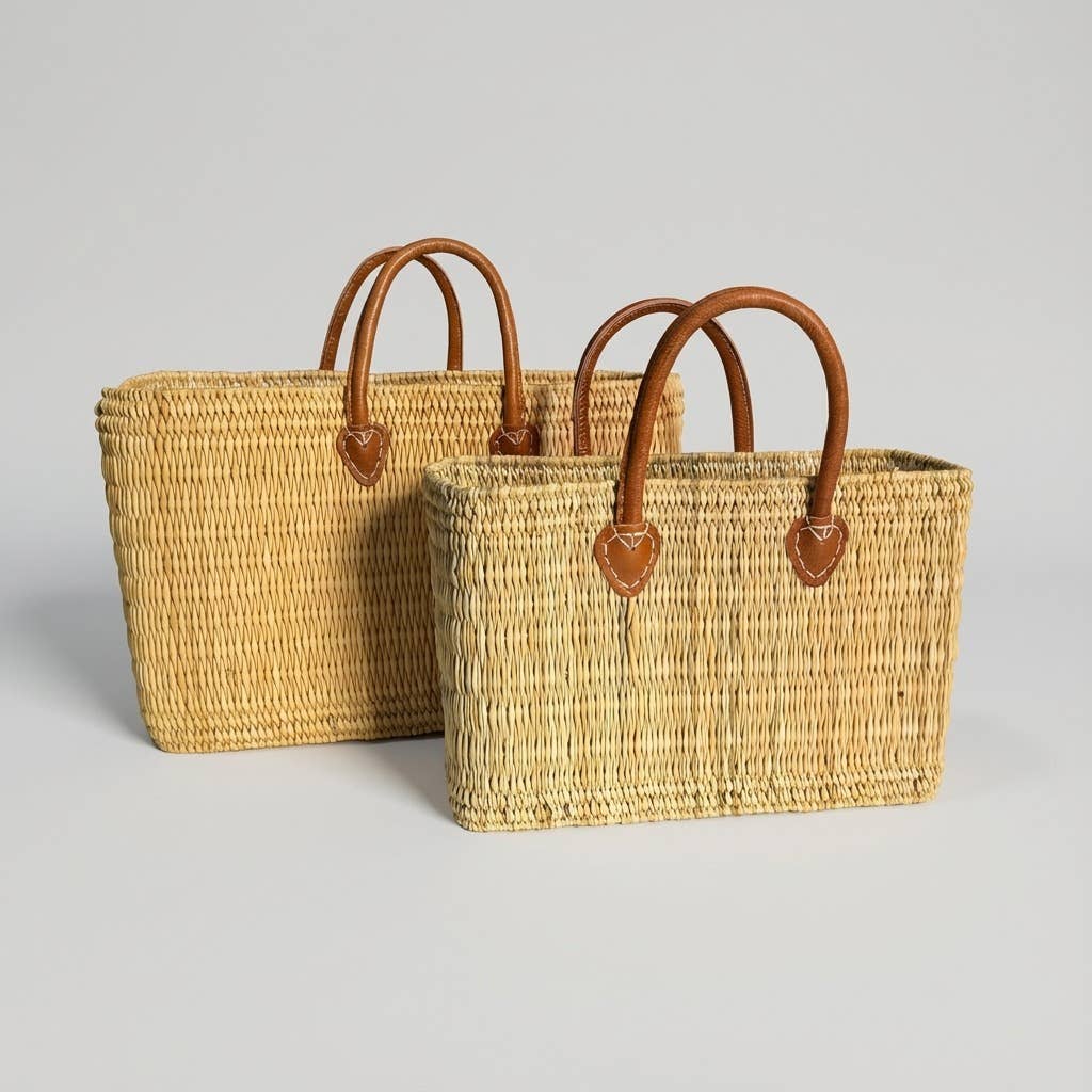 Reed Market Basket Leather Handles - Natural Woven Tote Bag: Short Handles / Set of 3