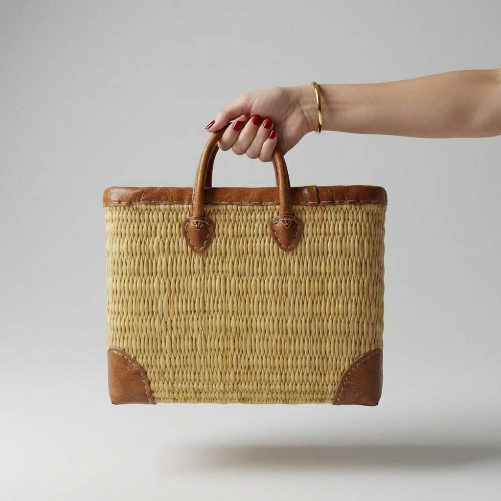 Luxury Woven Reed Market Basket Leather Trim Tote Bag: Short Handles / Set of 3