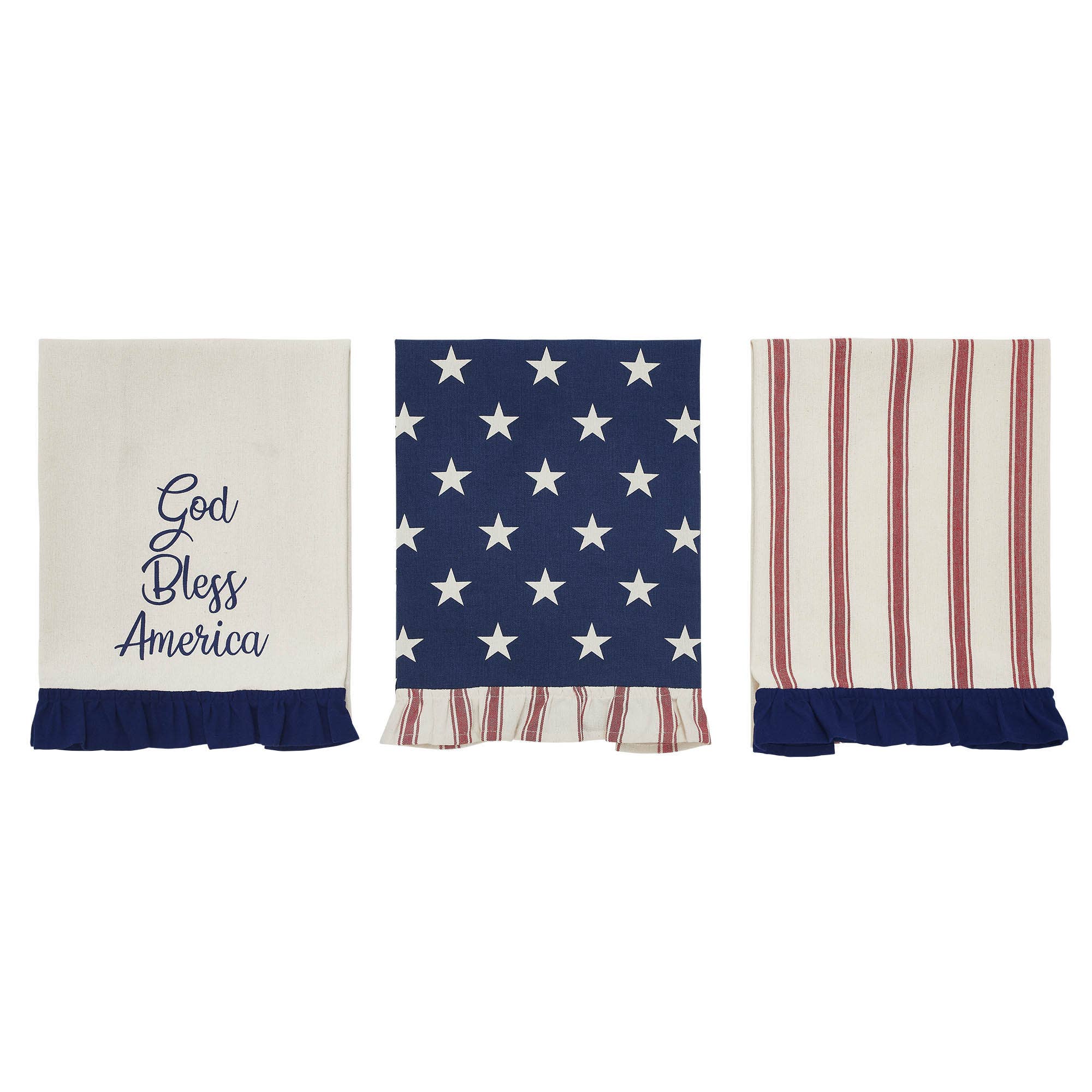 Hatteras Stars Ruffled Tea Towels Set of 3 16x28 Patriotic