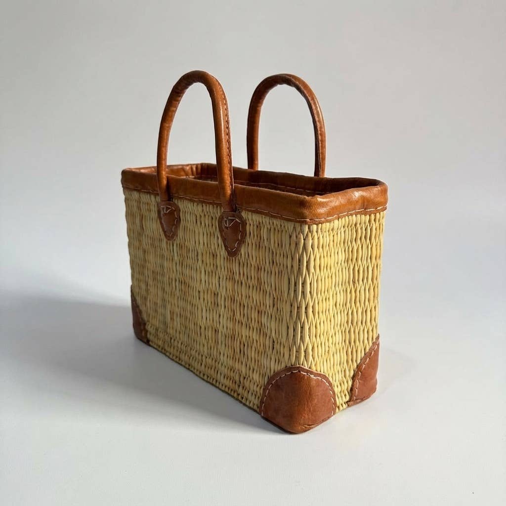 Luxury Woven Reed Market Basket Leather Trim Tote Bag: Short Handles / Set of 3