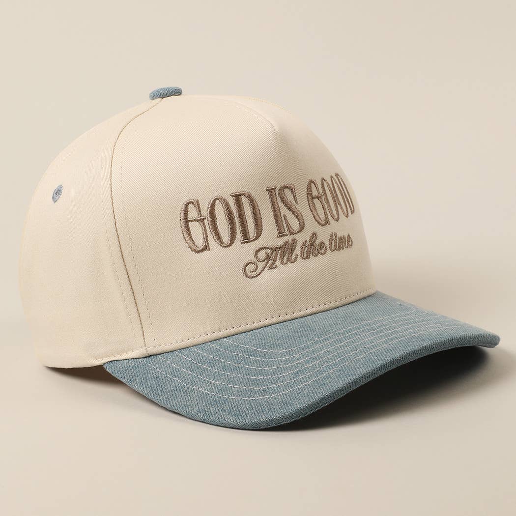 God Is Good All The Time Embroidery Trucker Hat: DENIM / ONE SIZE