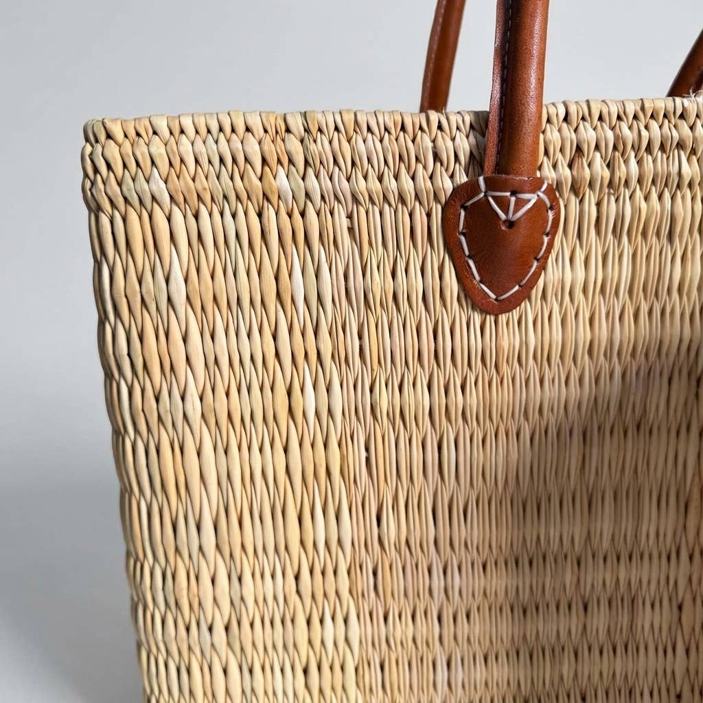 Reed Market Basket Leather Handles - Natural Woven Tote Bag: Short Handles / Set of 3