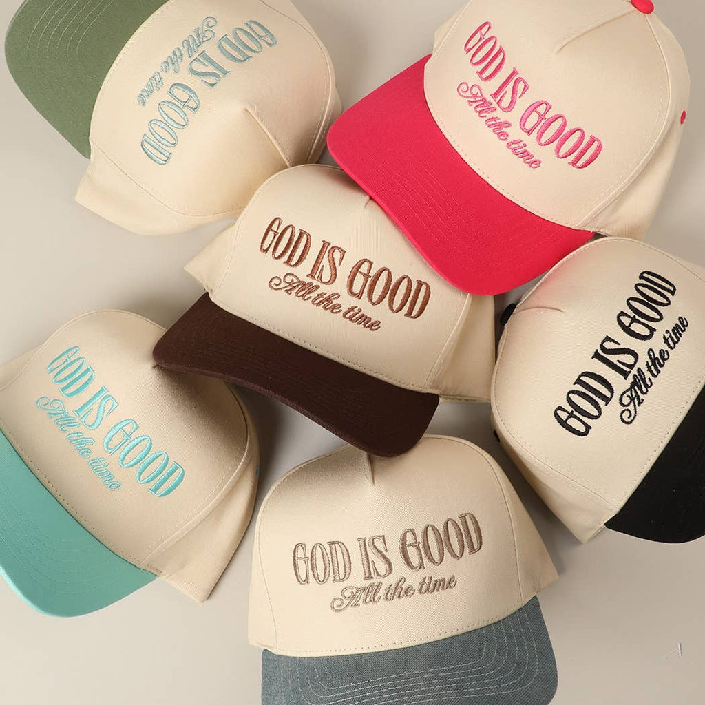 God Is Good All The Time Embroidery Trucker Hat: SAGE / ONE SIZE