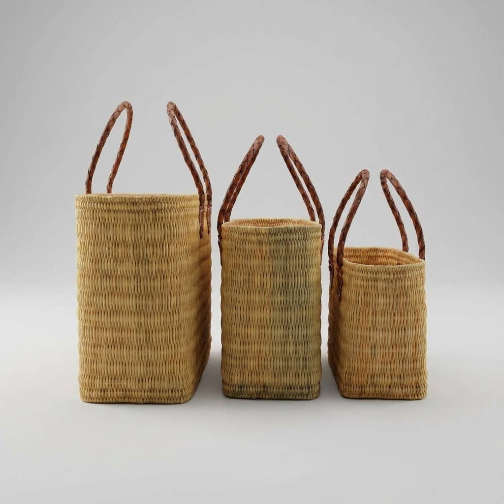 Reed Storage Baskets - Leather Handles Beach Basket: Short Handles / Set of 3