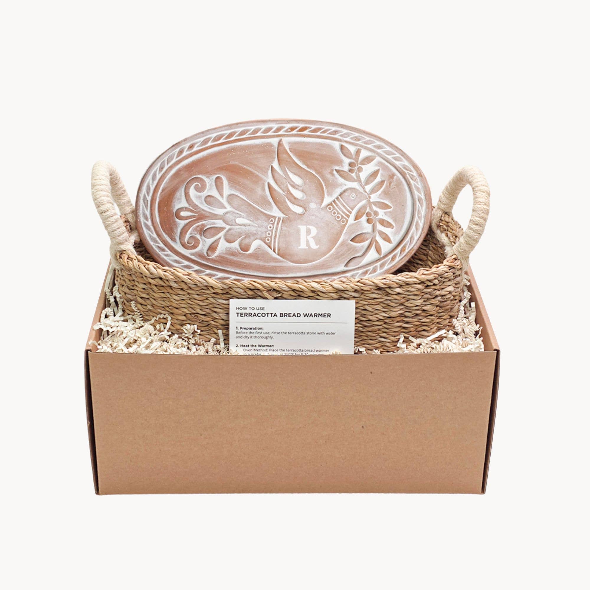 Monogrammed Bread Warmer & Wicker Basket - Bird Oval