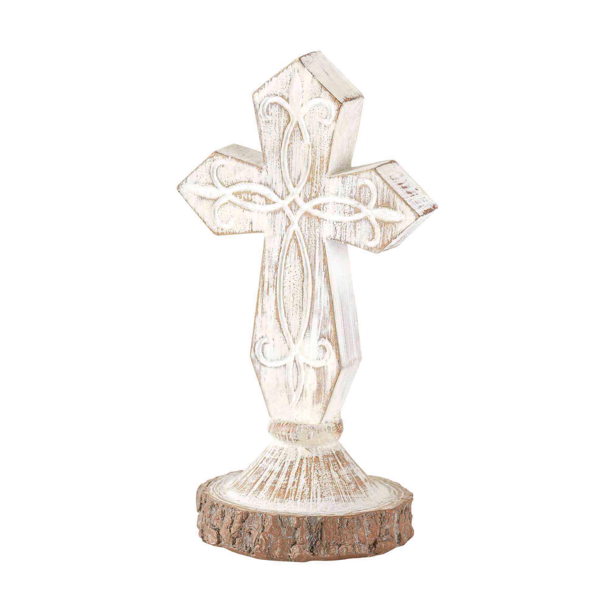 Crs Ttop Antique White Cross Rsn 6"H