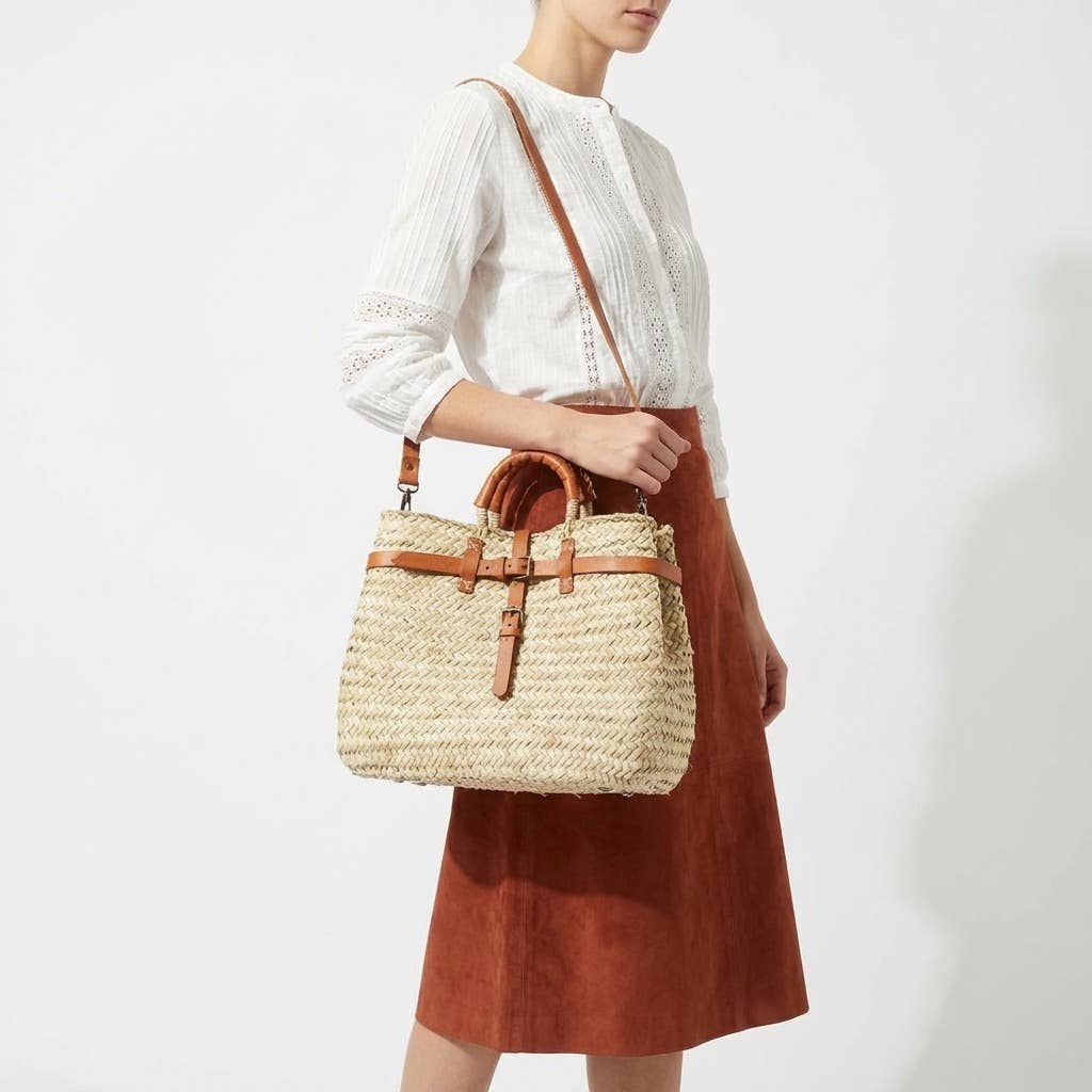 Woven Straw Market Basket Bag Leather Crossbody Tote: Medium