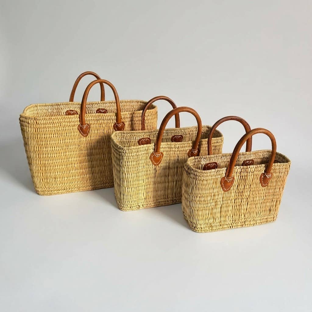 Reed Market Basket Leather Handles - Natural Woven Tote Bag: Short Handles / Set of 3