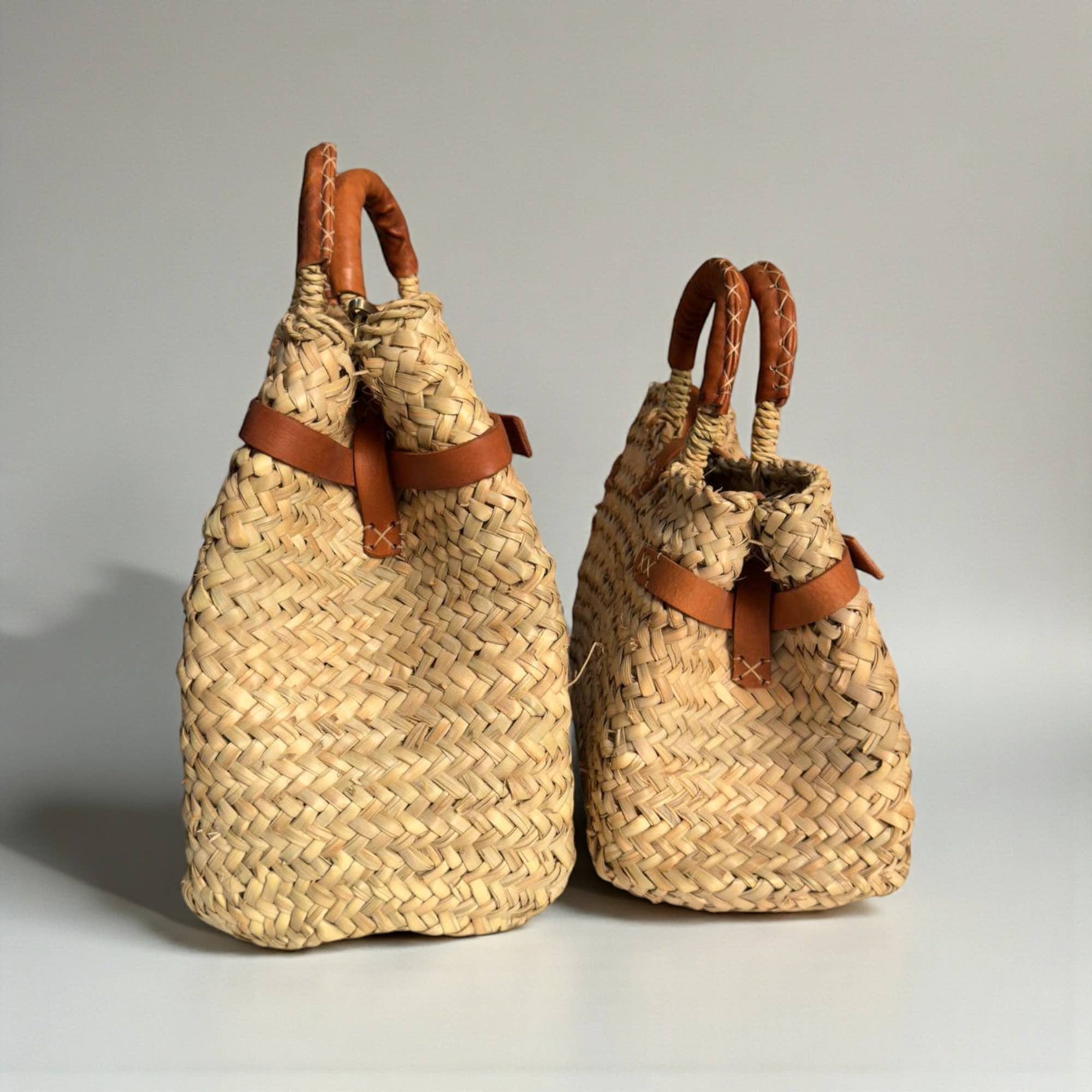 Woven Straw Market Basket Bag Leather Crossbody Tote: Medium