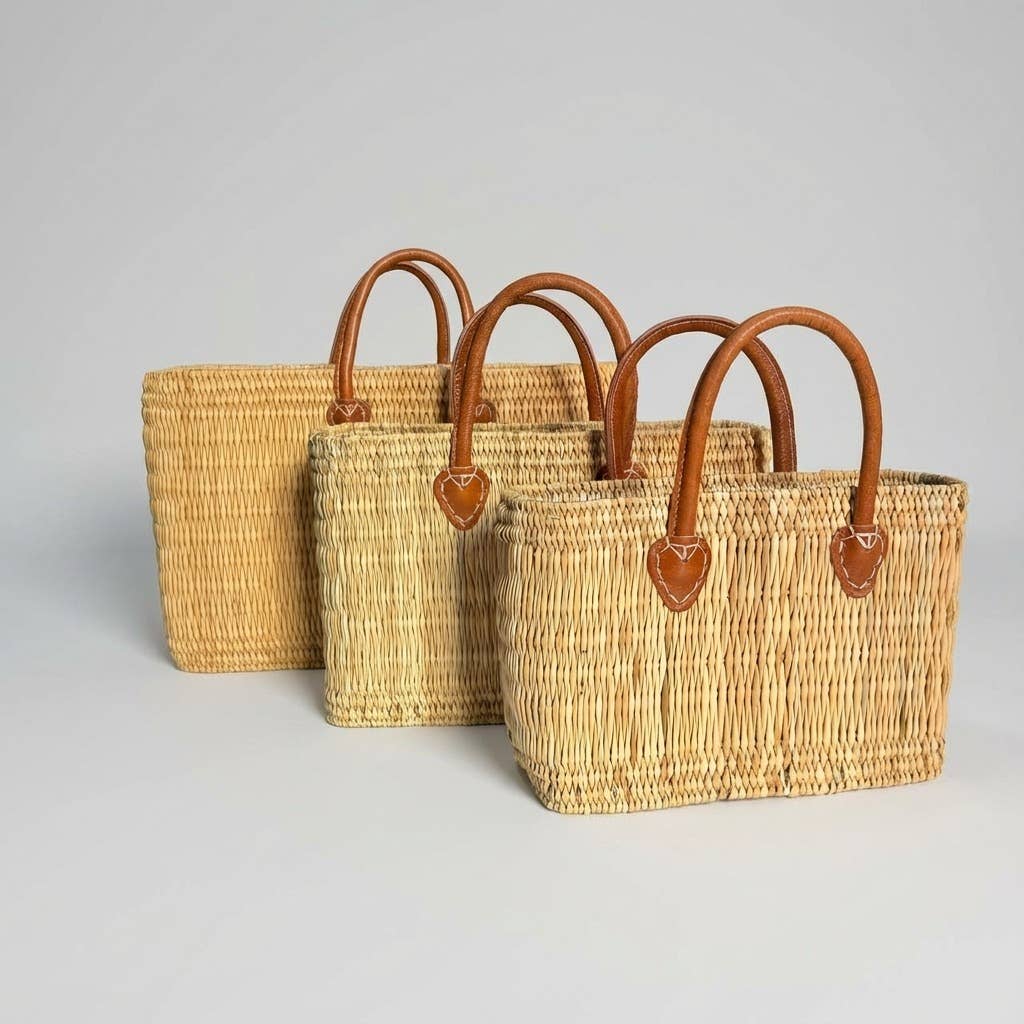 Reed Market Basket Leather Handles - Natural Woven Tote Bag: Short Handles / Set of 3