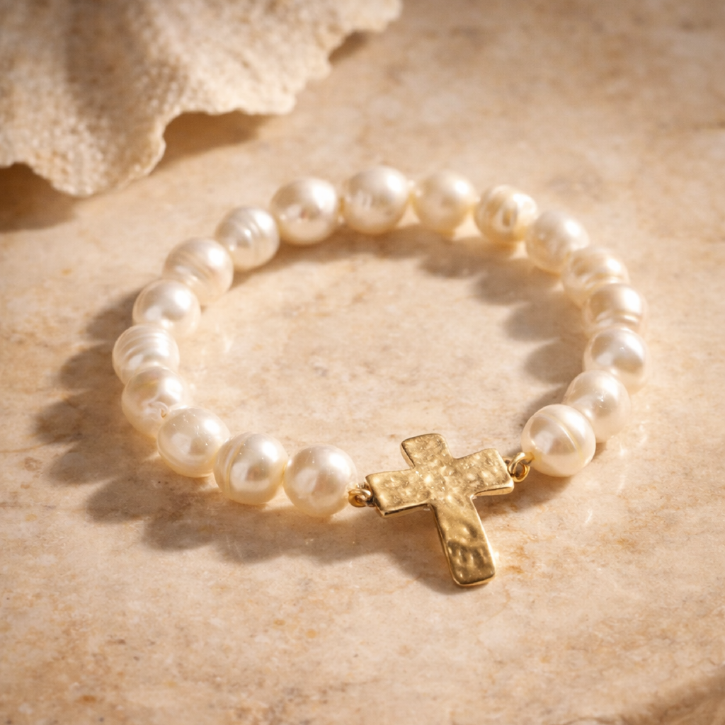 Freshwater Pearl Beaded Bracelet with Cross Charm | Stretch Faith Bracelet: FWP / ONE