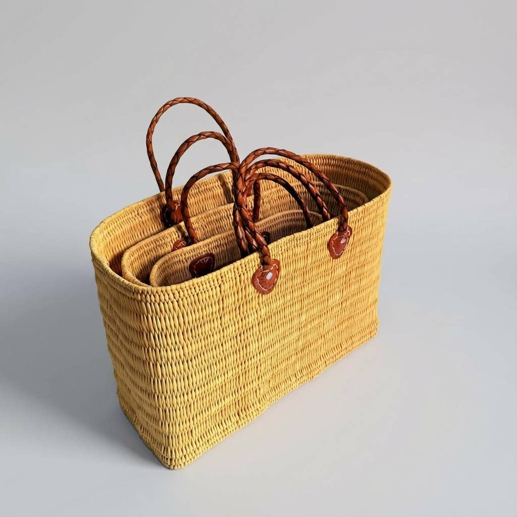 Reed Storage Baskets - Leather Handles Beach Basket: Short Handles / Set of 3