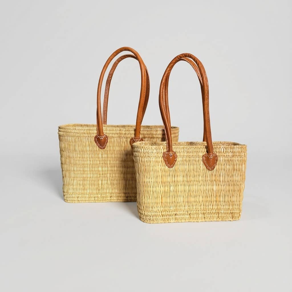 Reed Market Basket Leather Handles - Natural Woven Tote Bag: Short Handles / Set of 3