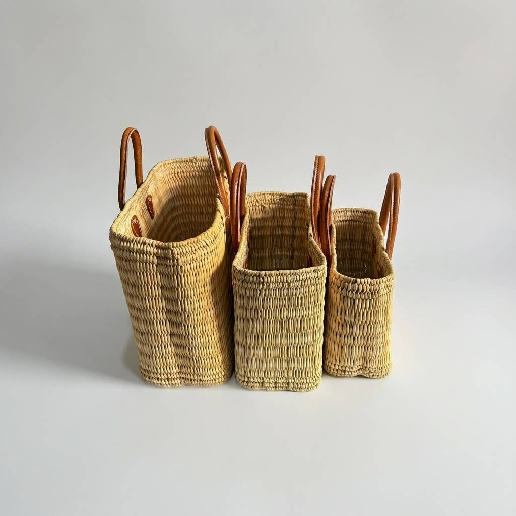 Reed Market Basket Leather Handles - Natural Woven Tote Bag: Short Handles / Set of 3