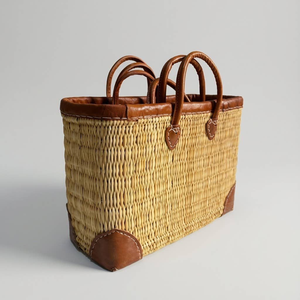 Luxury Woven Reed Market Basket Leather Trim Tote Bag: Short Handles / Set of 3