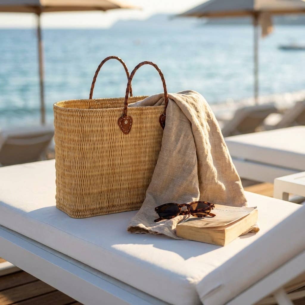 Reed Storage Baskets - Leather Handles Beach Basket: Short Handles / Set of 3