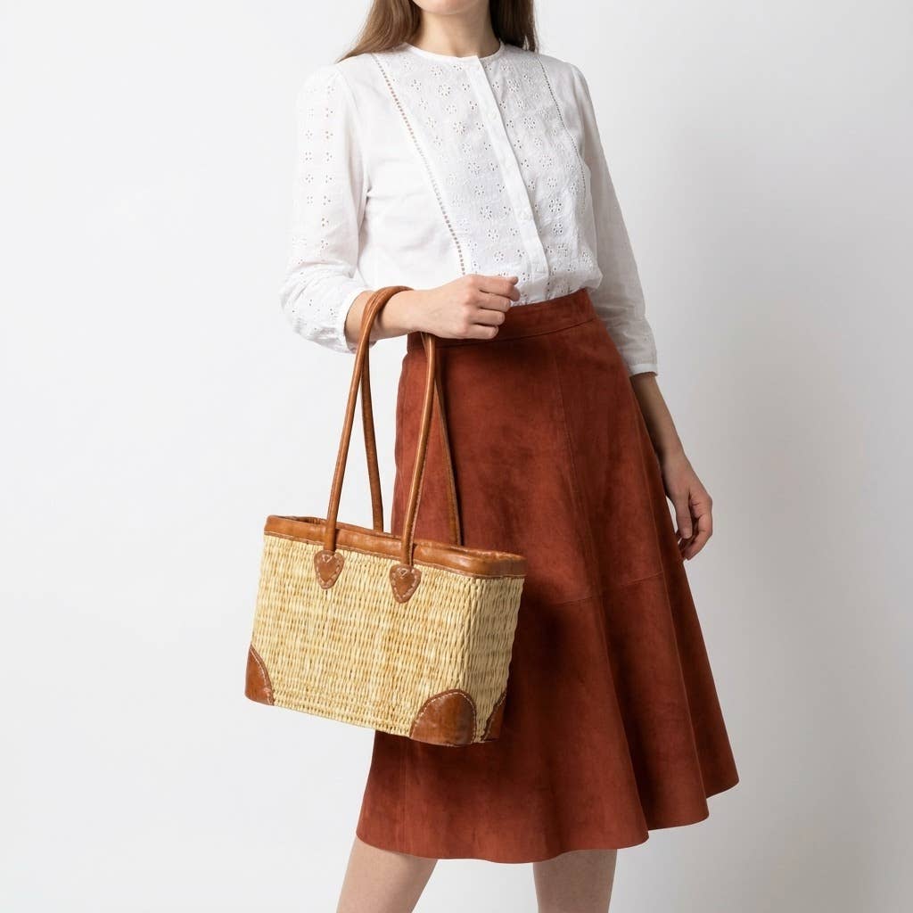 Luxury Woven Reed Market Basket Leather Trim Tote Bag: Short Handles / Set of 3