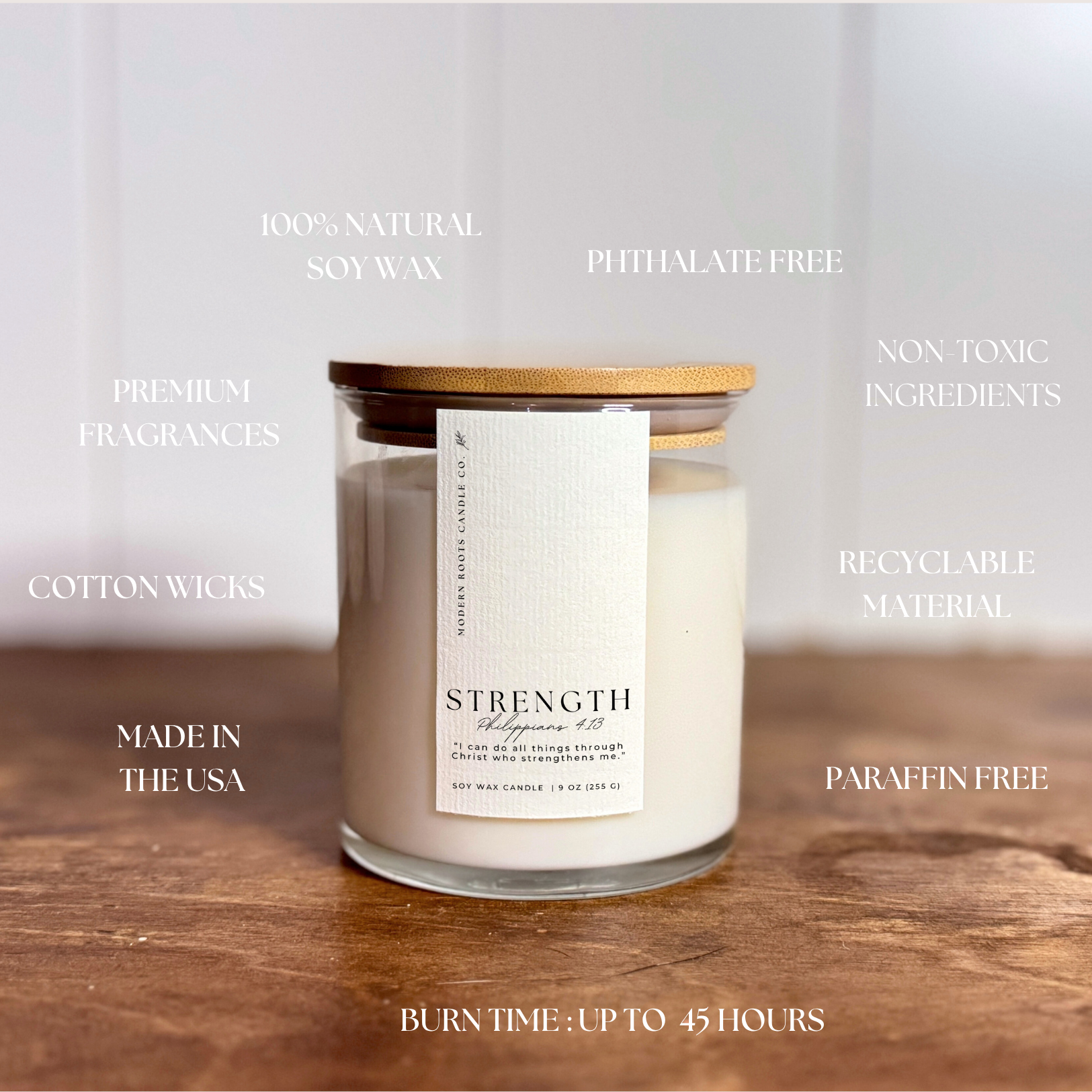 Strength | Palo Santo & Mossy Woods | 9 oz. Soy Candle: Natural Wood Lid
