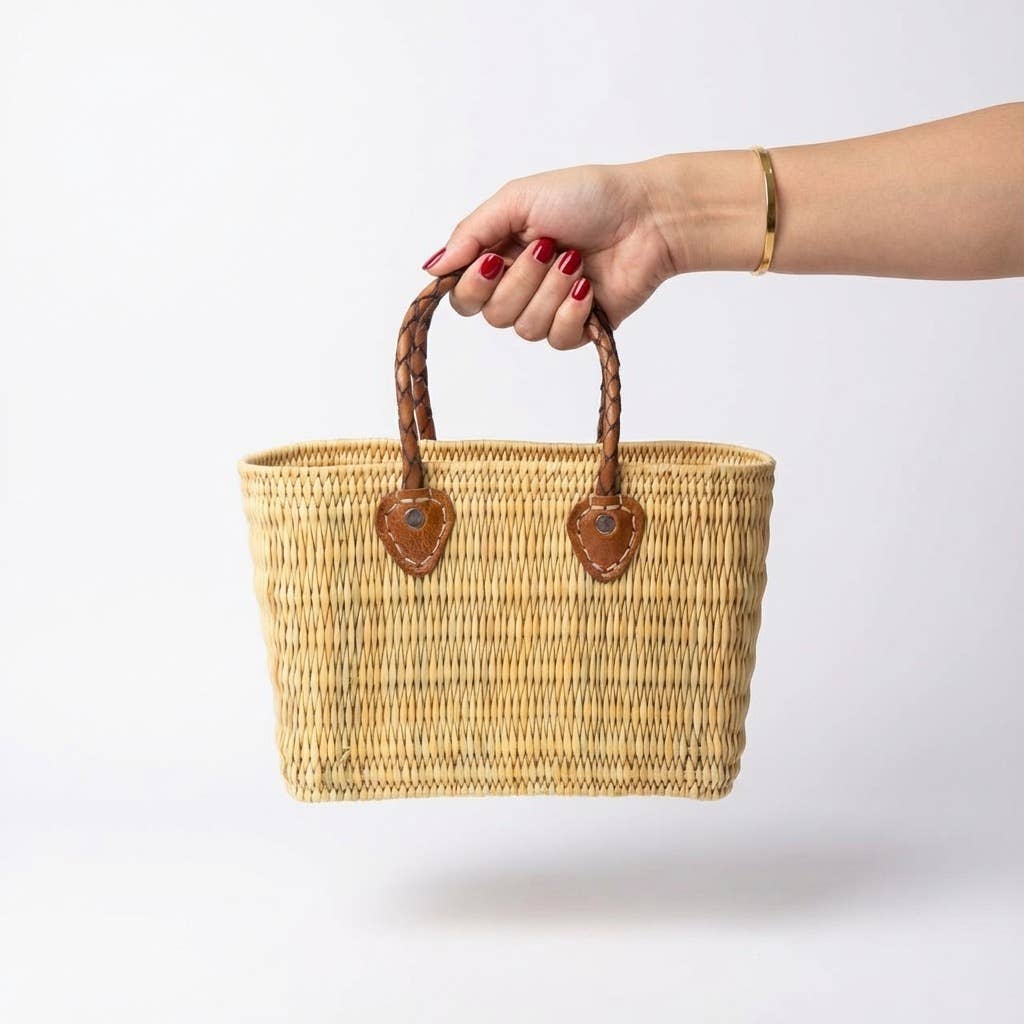 Reed Storage Baskets - Leather Handles Beach Basket: Short Handles / Set of 3