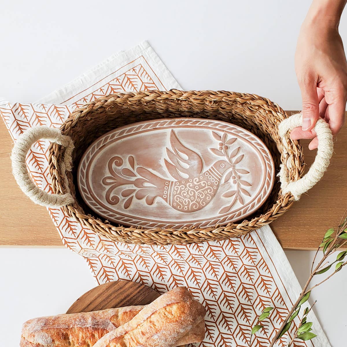 Handmade Bread Warmer & Wicker Basket - Bird Oval