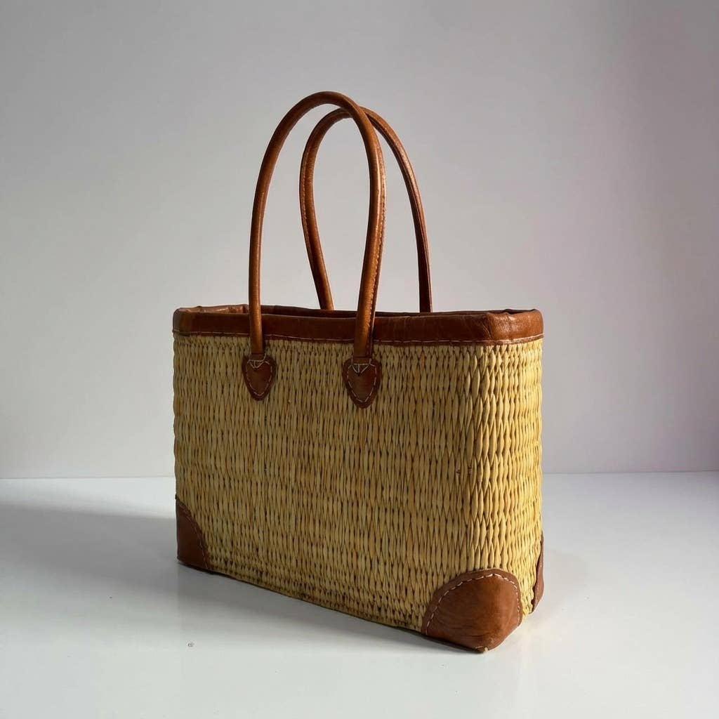 Luxury Woven Reed Market Basket Leather Trim Tote Bag: Short Handles / Set of 3