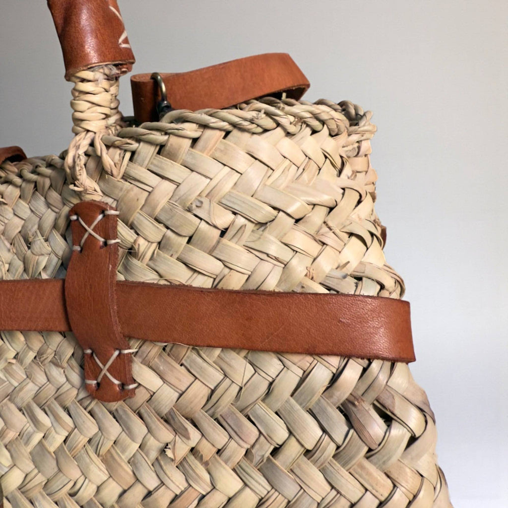 Woven Straw Market Basket Bag Leather Crossbody Tote: Medium