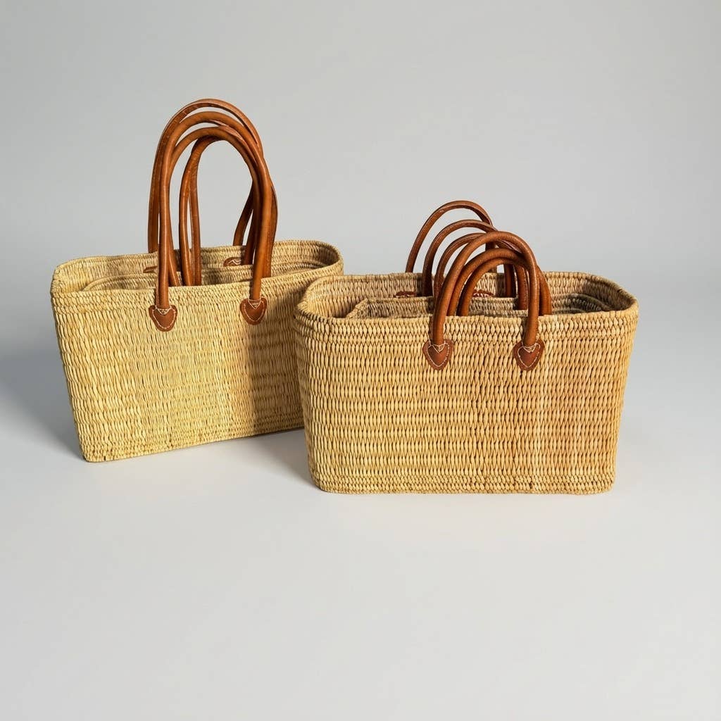 Reed Market Basket Leather Handles - Natural Woven Tote Bag: Short Handles / Set of 3