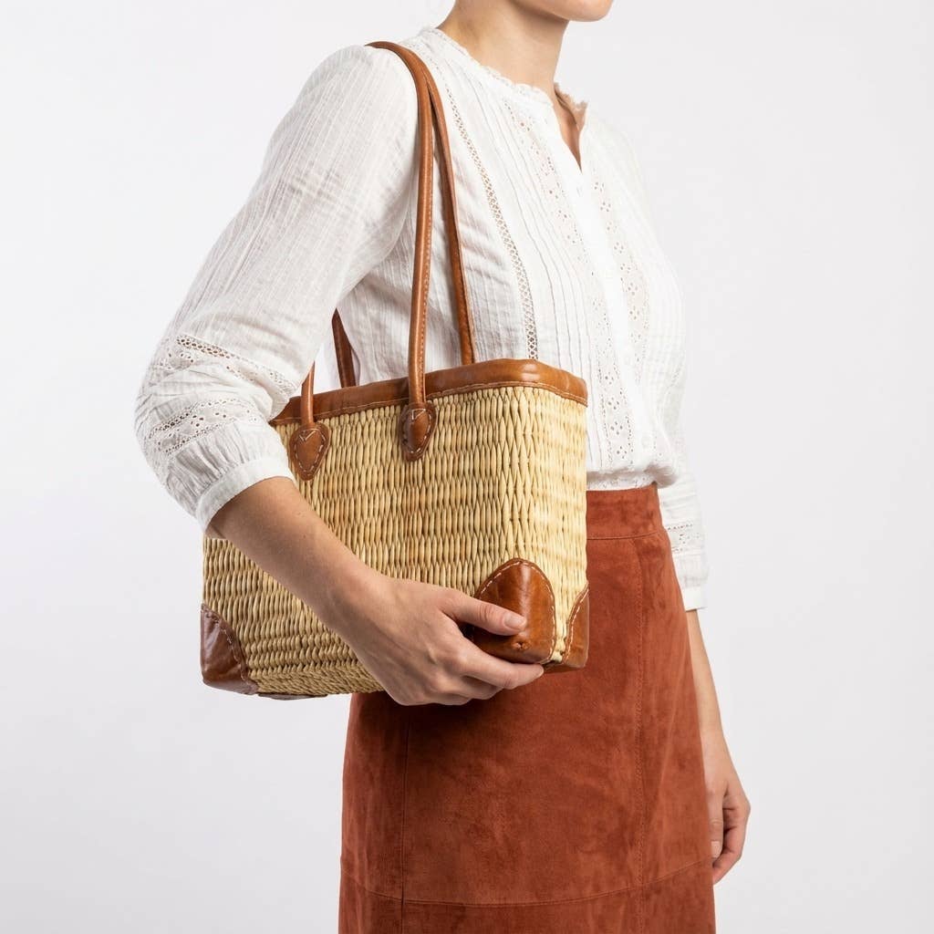 Luxury Woven Reed Market Basket Leather Trim Tote Bag: Short Handles / Set of 3