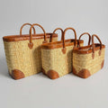 Luxury Woven Reed Market Basket Leather Trim Tote Bag: Short Handles / Set of 3