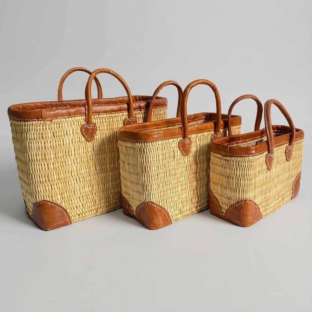 Luxury Woven Reed Market Basket Leather Trim Tote Bag: Short Handles / Set of 3