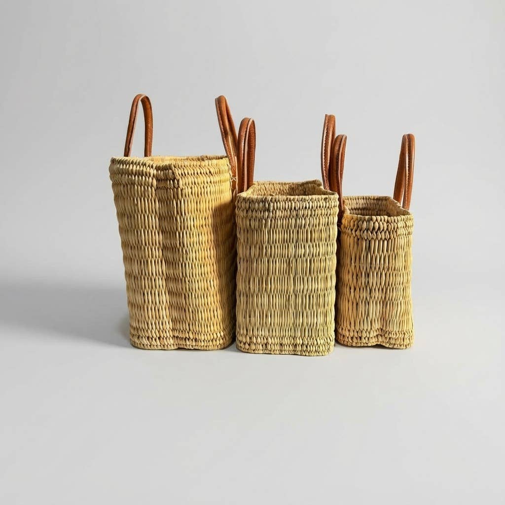 Reed Market Basket Leather Handles - Natural Woven Tote Bag: Short Handles / Set of 3
