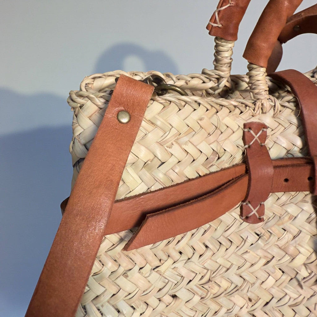 Woven Straw Market Basket Bag Leather Crossbody Tote: Medium